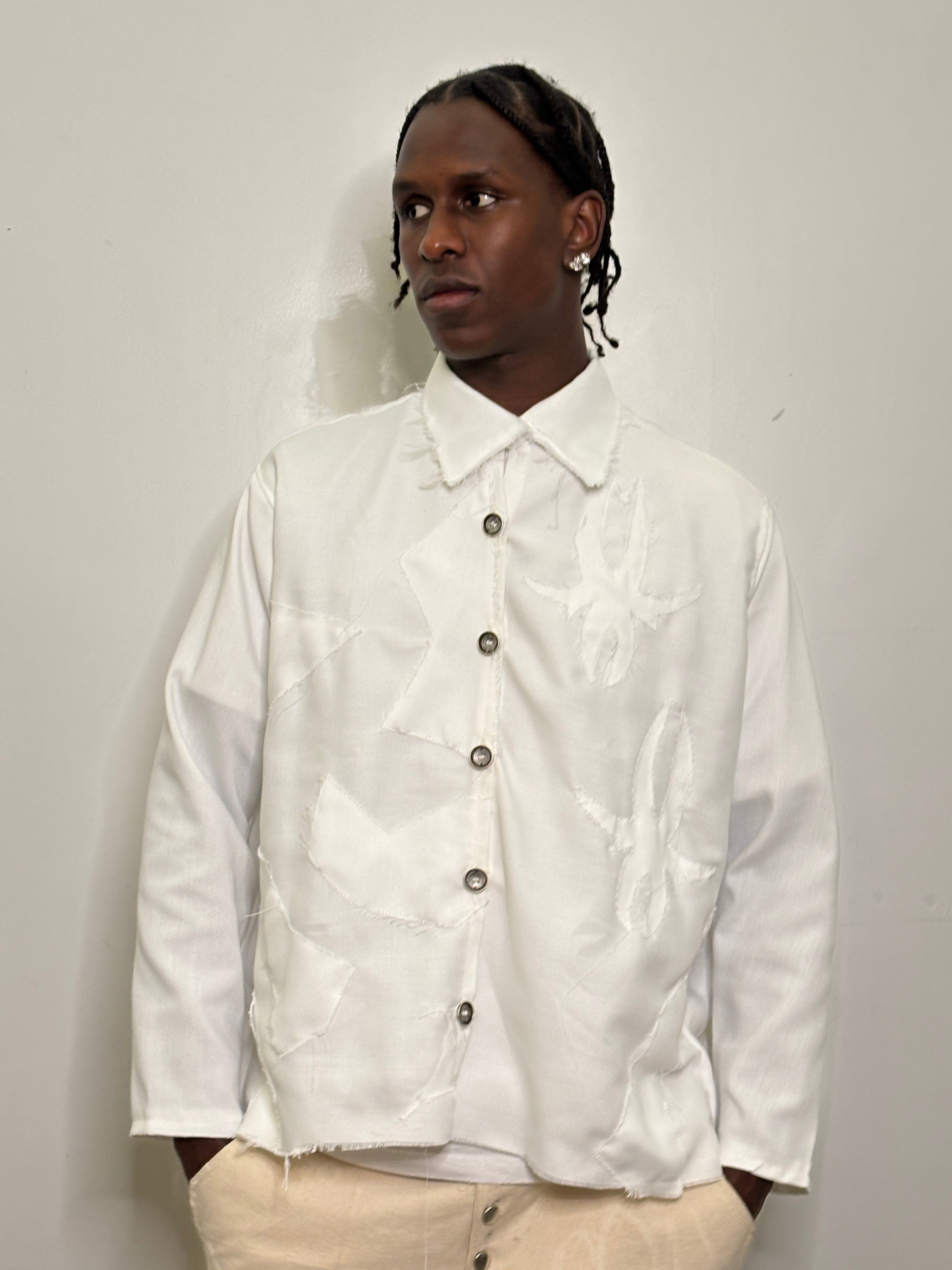 White Uneven Collard Button Up