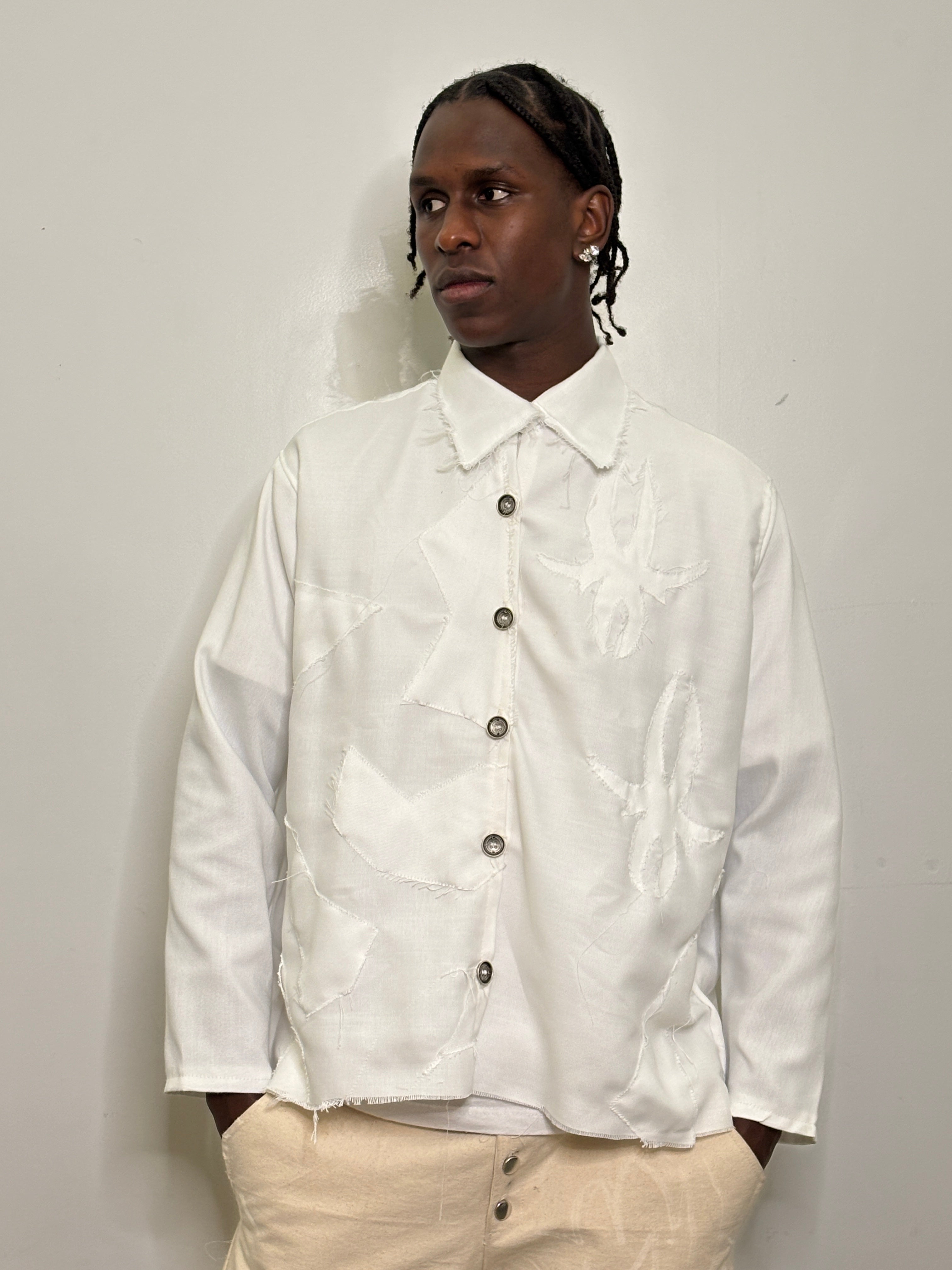 White Uneven Collard Button Up