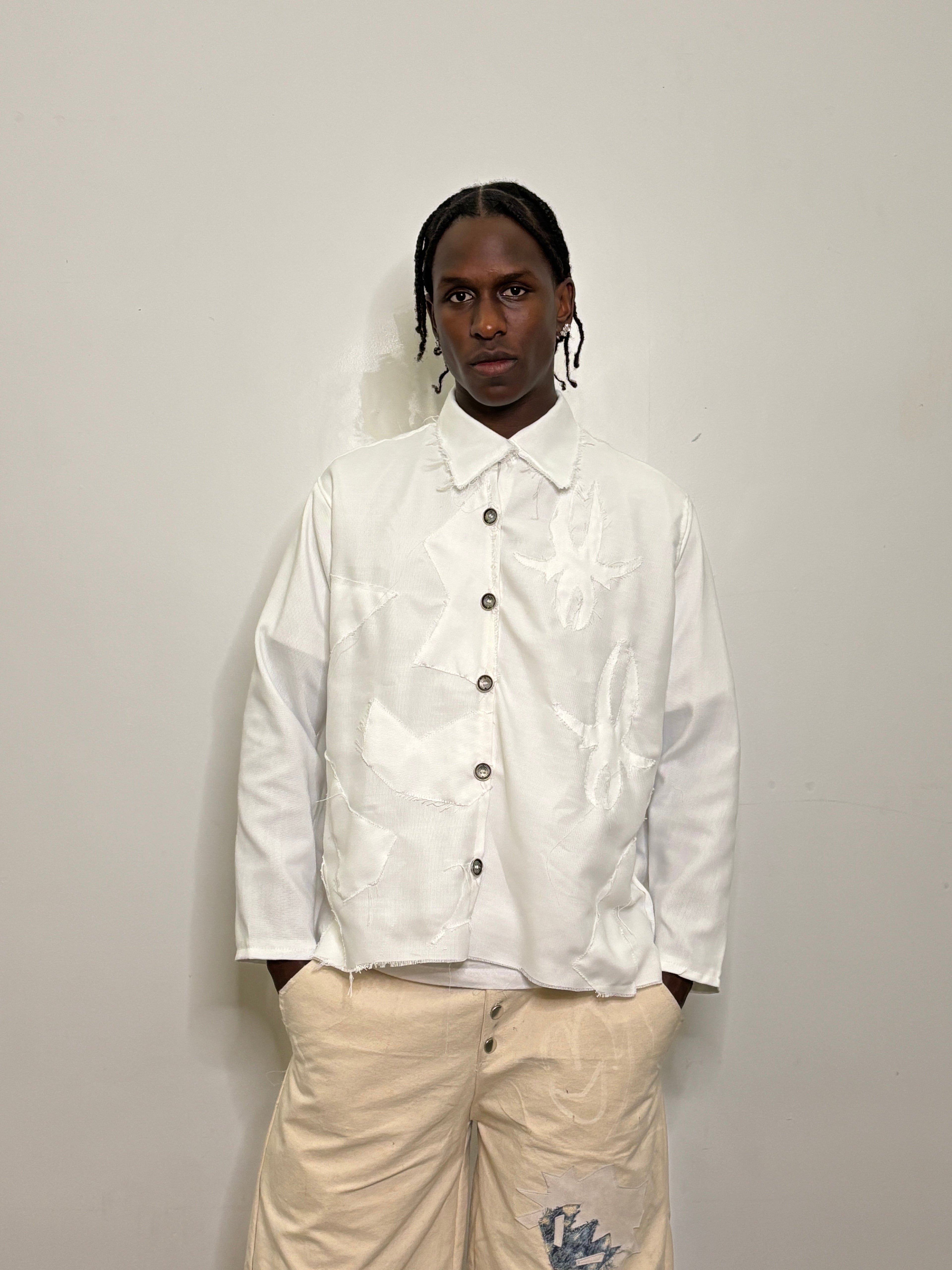 White Uneven Collard Button Up