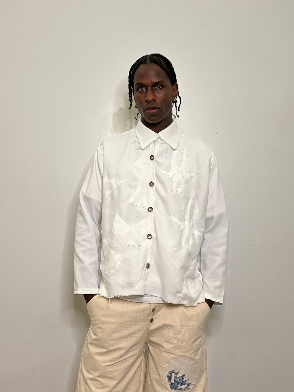 White Uneven Collard Button Up