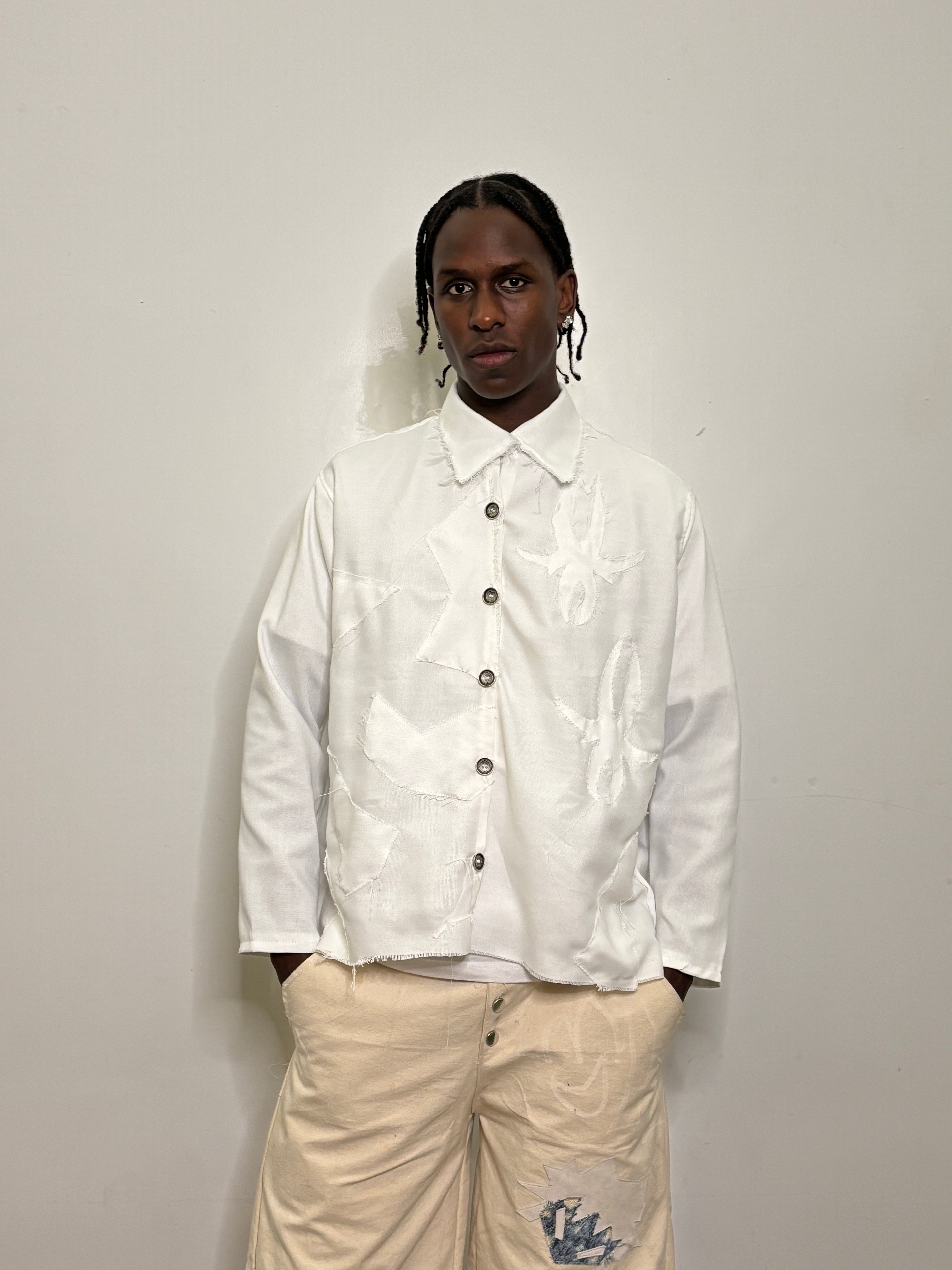 White Uneven Collard Button Up